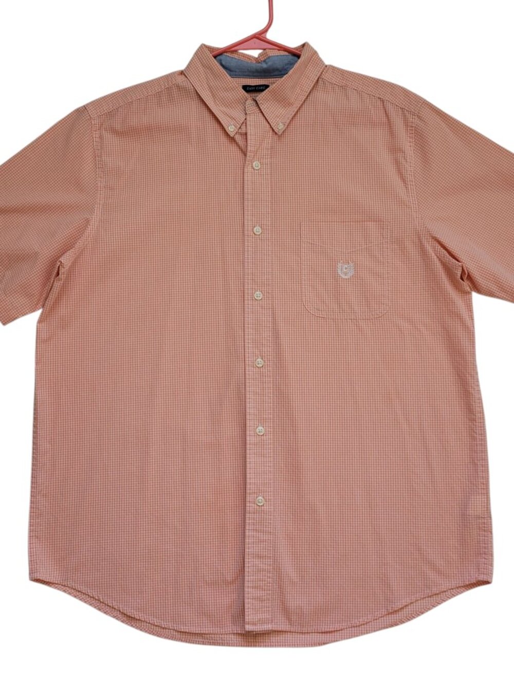 Chaps Mens Short Sleeve Button Down Shirt Orange Micro Plaid Size Large Preppy